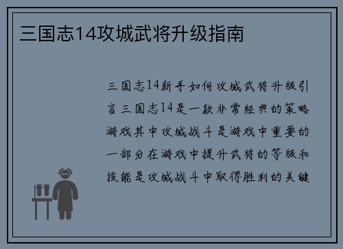 三国志14攻城武将升级指南